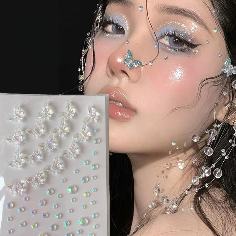 Beauty Gems Makeup - Stiker kristal kupu-kupu warna-warni, tempelan wajah